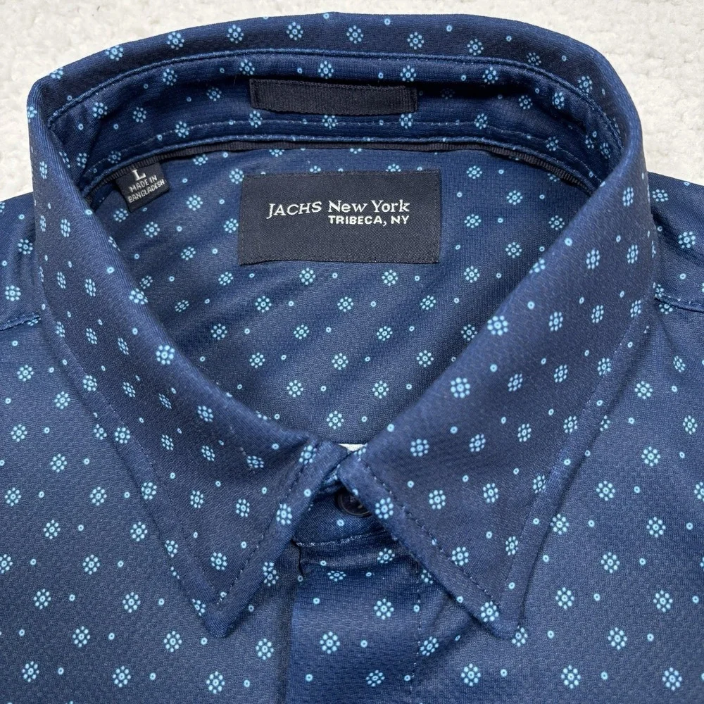 Jachs New York Button Shirt Mens L Blue Geometric Stretch Performance Short Slv
